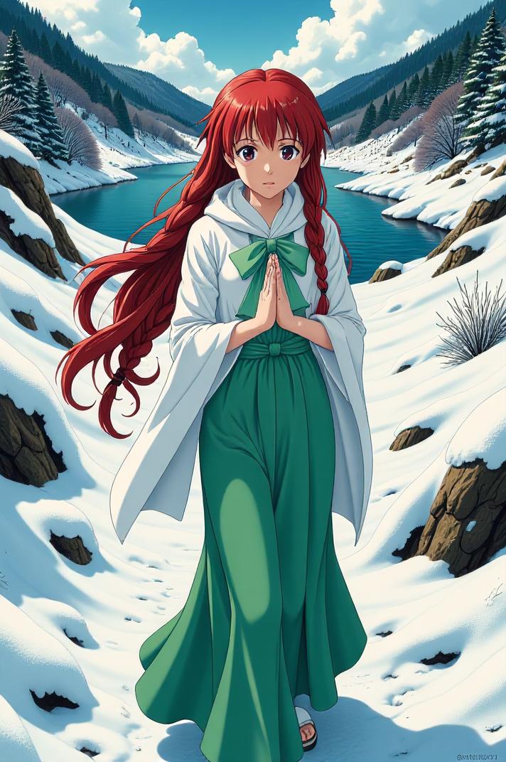 anime style masterpiece,best quality , Longer Braids emerald hair, winter