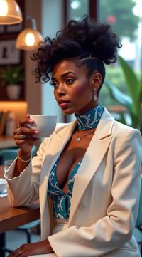 Sharp focus of a Janelle Monae , Janelle Monae is Regal and S, blushing, drinking coffee in a cafe
