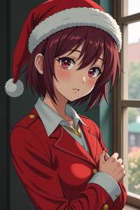 anime style masterpiece,best quality , Grungey Parted burgundy hair, autumn