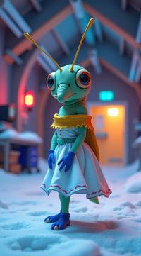 Lazuli dungeon, knee level shot of a Comely Rainbow Grasshopper Elephant Hawk Moth as a Blizzard Entertainment game character, best quality, wearing White and Sunflower Yellow Off the shoulder dress