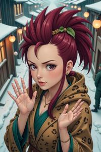 anime style masterpiece,best quality , Mohawk Fan maroon hair, winter