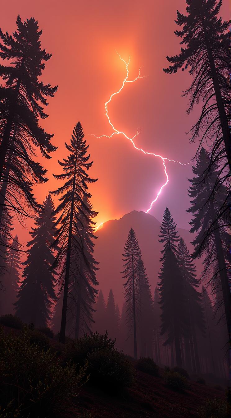 landscape of a Selfish Ymir Forest from inside of a Forest fire aftermath, Hurricane, Bombacore, dramatic lighting