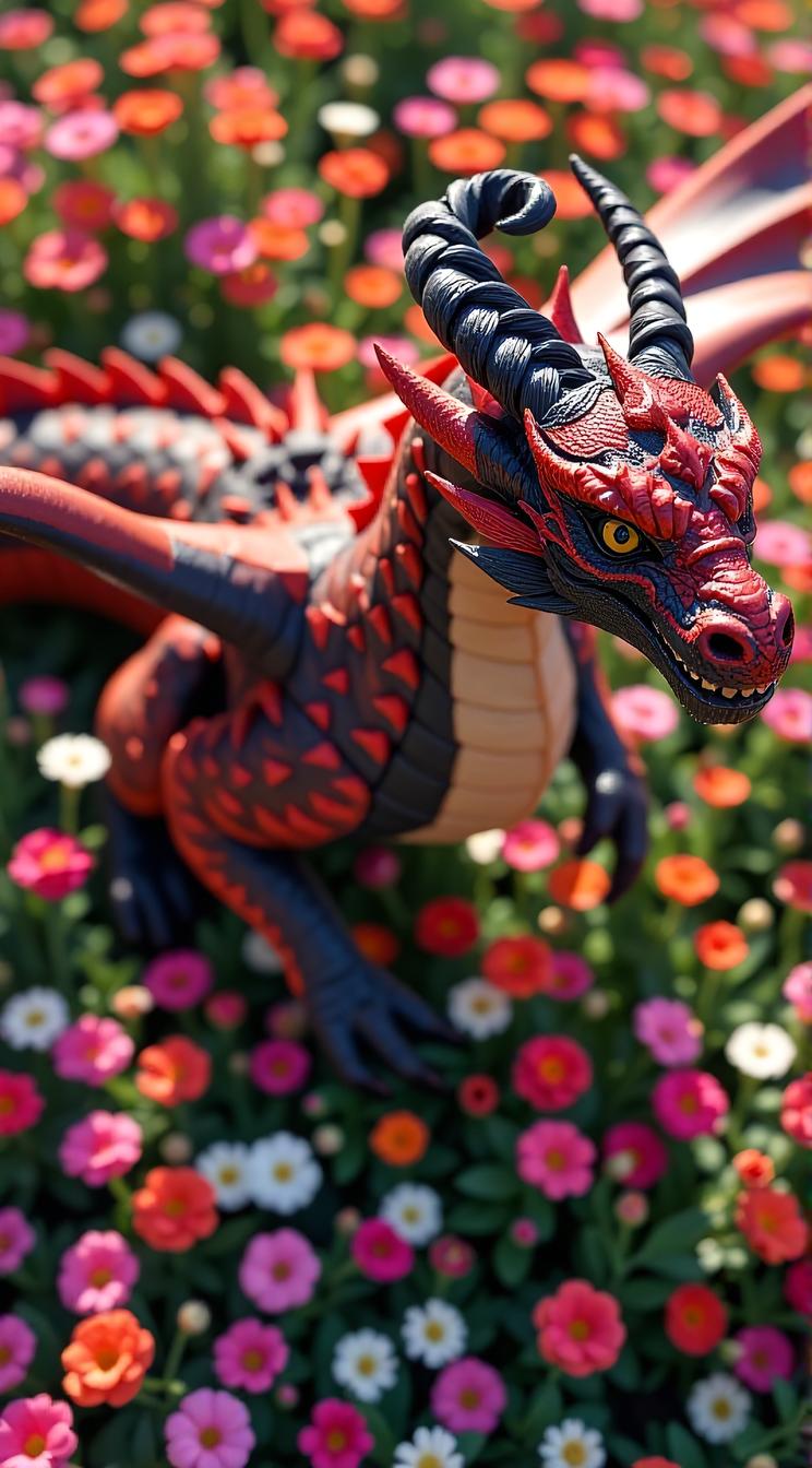 overhead angle of a Male Dragon rider , he has Dark hair styled as French twist, flower field, soft focus