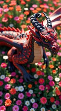 overhead angle of a Male Dragon rider , he has Dark hair styled as French twist, flower field, soft focus