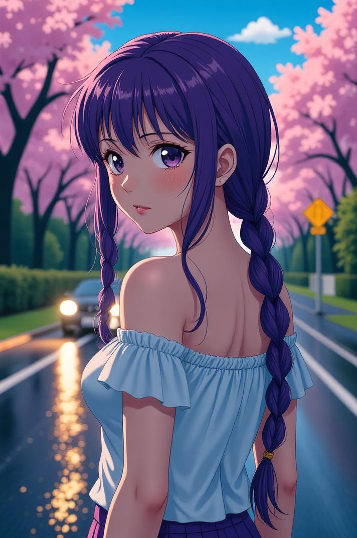 anime style masterpiece,best quality , Long Braids violet hair, spring