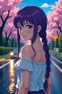 anime style masterpiece,best quality , Long Braids violet hair, spring