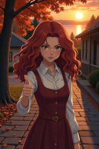 anime style masterpiece,best quality , Lob Curly sepia hair, autumn