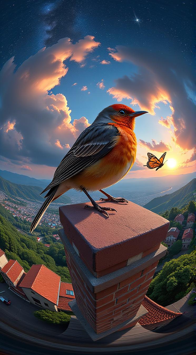Red Capped Robin, Chimney Sweep, in Brutal Polera, Butterfly sitting