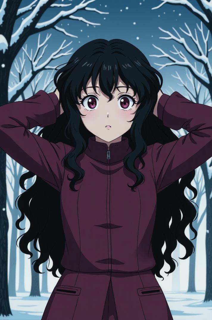 anime style masterpiece,best quality , Long Curly caput mortuum hair, winter