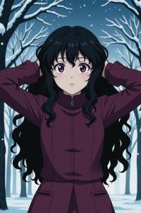 anime style masterpiece,best quality , Long Curly caput mortuum hair, winter