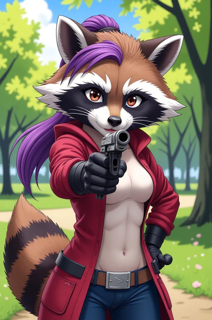 asian anime style marvel Rocket Raccoon masterpiece,best quality , asian anime, Pony Tail purple hair