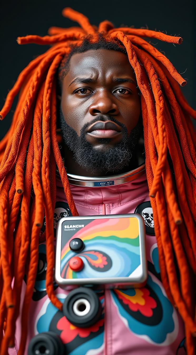 heavyset Tanzanian Astronaut Male Giant, Red hair styled as Dreadlocks, in focus, photography art