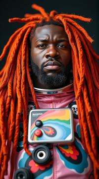 heavyset Tanzanian Astronaut Male Giant, Red hair styled as Dreadlocks, in focus, photography art