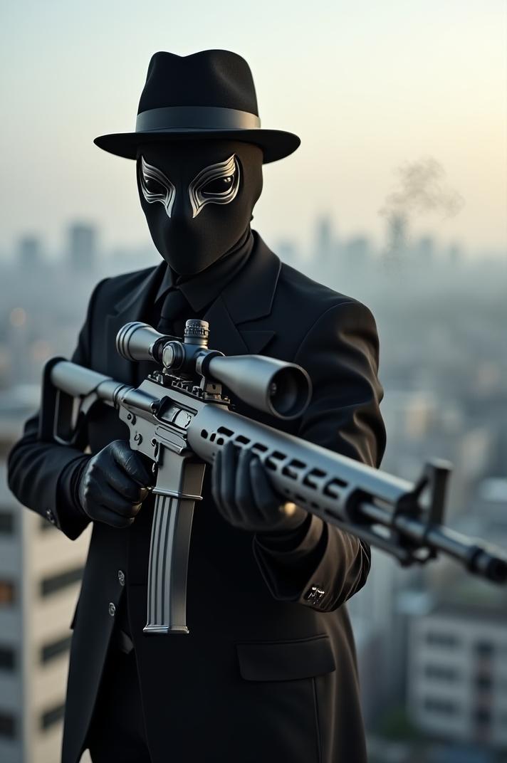 A masked figure stands poised on a rooftop, gripping a K rifle His mask, an eerie, emotionless face