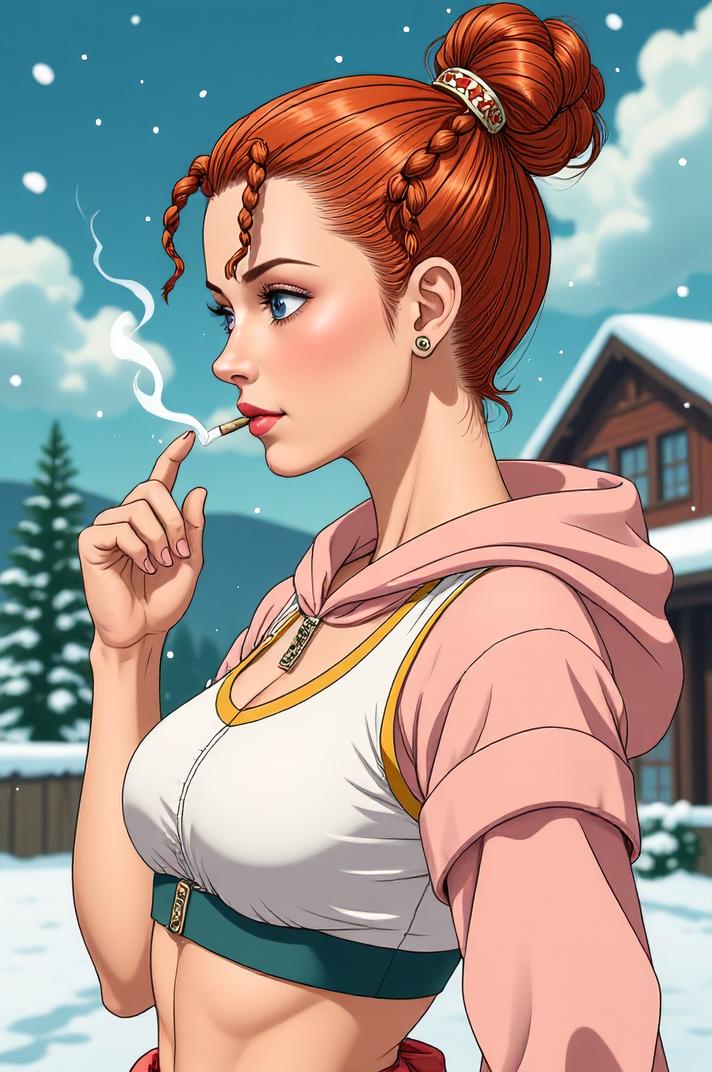 anime style masterpiece,best quality , Cornrows terra cotta hair, winter