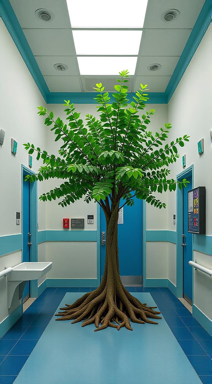 Combining the styles of Norman Bluhm and Ellsworth Kelly, this image with a Mangrove from inside of a Hospital, it is Depressing, stunningly beautiful