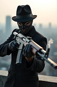 A masked figure stands poised on a rooftop, gripping a K rifle His mask, an eerie, emotionless face