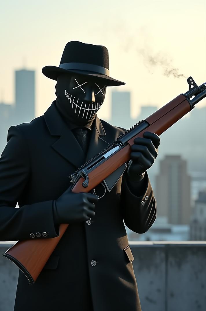 A masked figure stands poised on a rooftop, gripping a K rifle His mask, an eerie, emotionless face