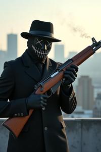 A masked figure stands poised on a rooftop, gripping a K rifle His mask, an eerie, emotionless face