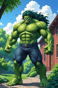 asian anime style marvel Hulk masterpiece,best quality , asian anime, Long Curly blue green hair