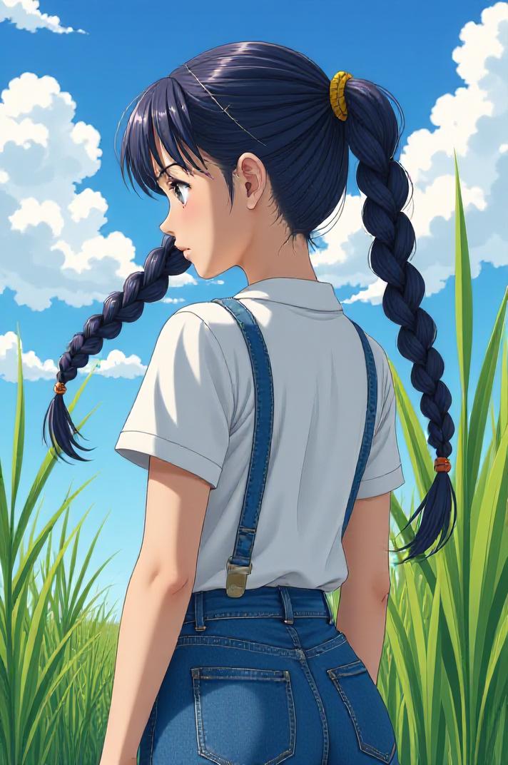 asian anime style masterpiece,best quality , asian anime, Pony Tail Braids denim hair