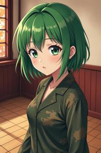 asian anime style masterpiece,best quality , asian anime, Over Left Eye camouflage green hair