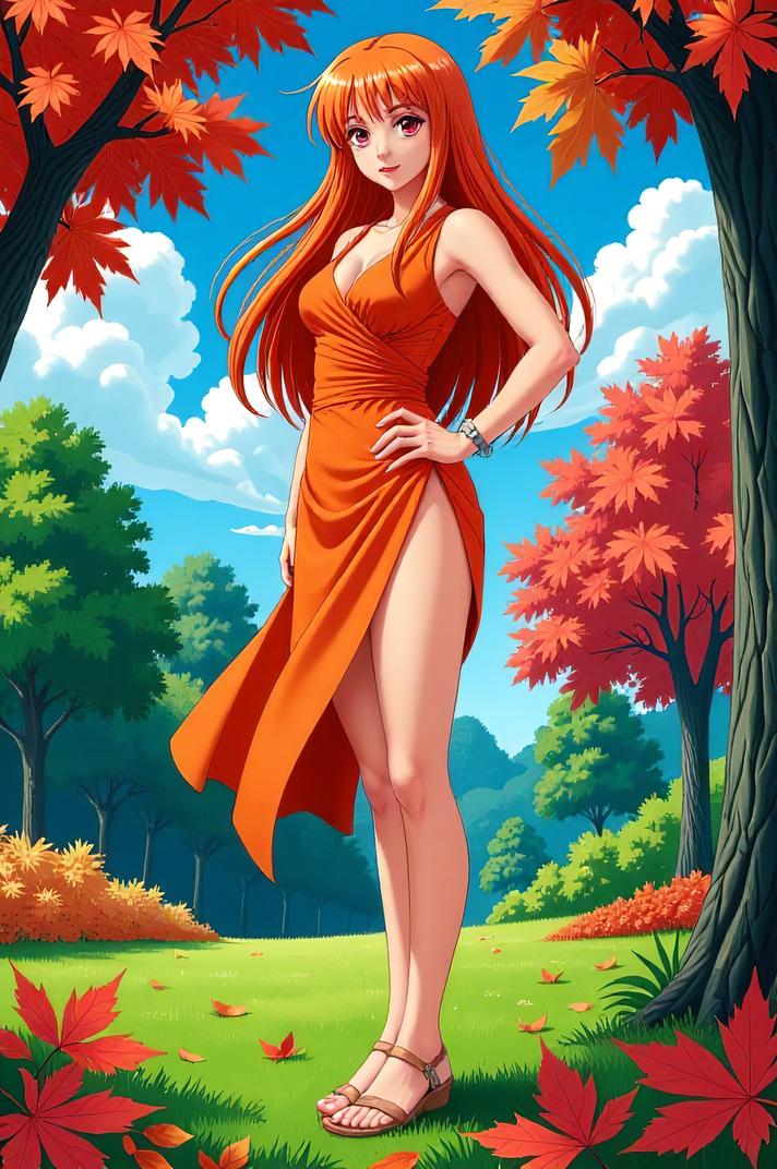 anime style masterpiece,best quality , Long Center Parting persimmon hair, autumn