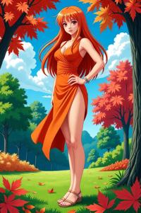 anime style masterpiece,best quality , Long Center Parting persimmon hair, autumn