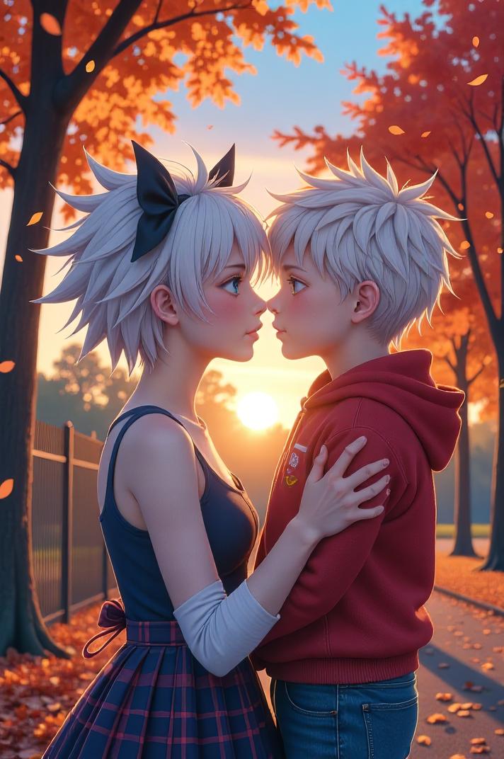 anime style masterpiece,best quality , Spikes titanium white hair, autumn