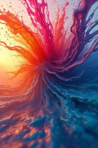 a tornado of color hyperrealistic multi colored streams flowing like water but expanding like air unbound by gravity in a d space each particle racing towards the edges of the frame