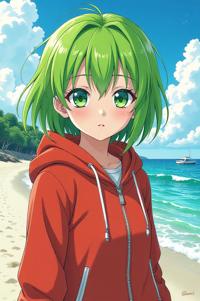 asian anime style masterpiece,best quality , asian anime, Grungey Parted lime green hair