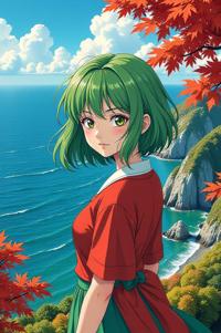 asian anime style masterpiece,best quality , asian anime, Bob Curly lawn green hair