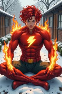 asian anime style marvel Human Torch masterpiece,best quality , asian anime, Short Curly firebrick hair