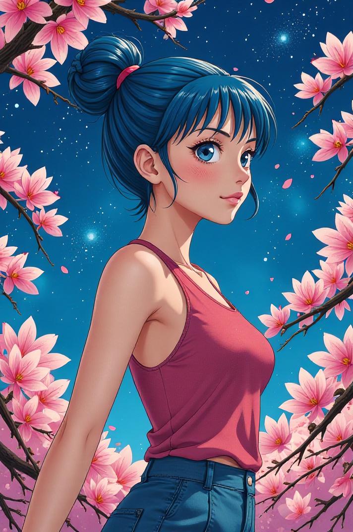 anime style masterpiece,best quality , Bun midnight blue hair, spring