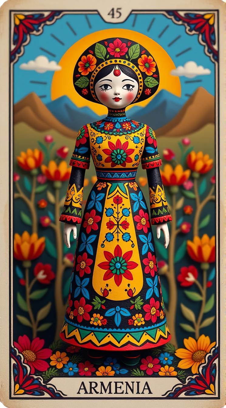 by Okuda San Miguel Banksy , colorful Papier mache figure, On pale black paper of a Decorative Tarot cards, in focus