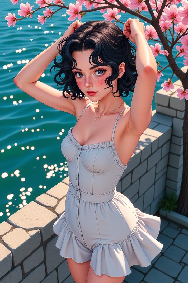 anime style masterpiece,best quality , Short Curly magnolia hair, summer