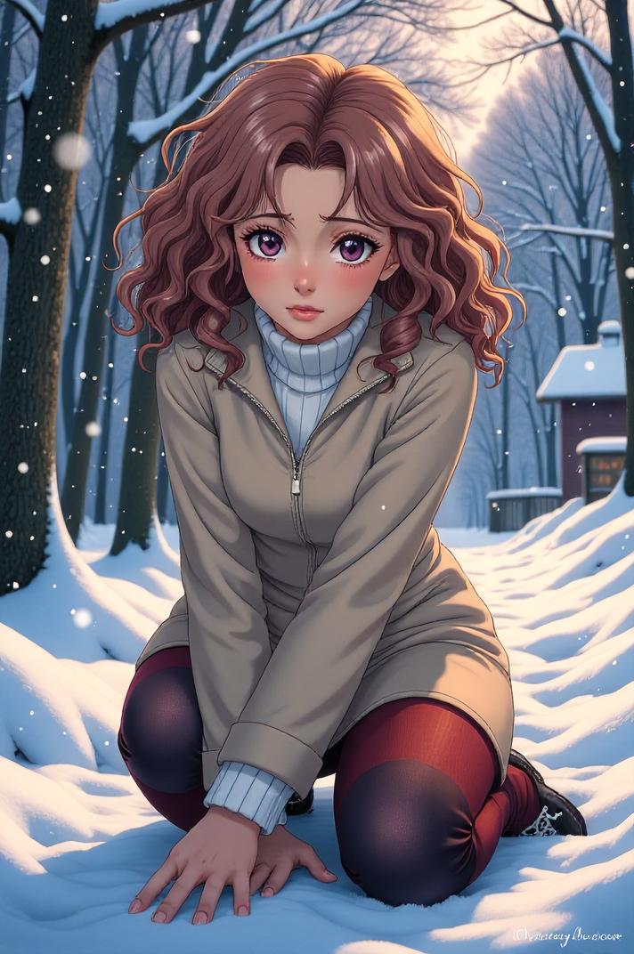 anime style masterpiece,best quality , Over Eye Curly tan hair, winter