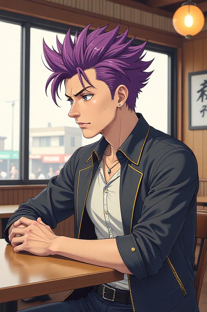 asian anime style masterpiece,best quality , asian anime, Mohawk Spike purple hair