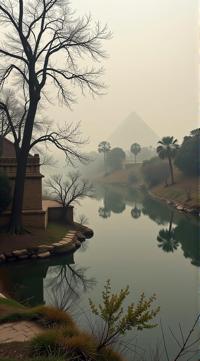 by Pieter Brueghel the Younger, Etam Cru, landscape of a Noxious Crystal River and Ancient Egyptian pyramids, Foggy