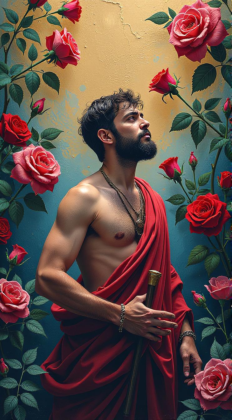 wall Graffiti, The death of Hector , from inside a Malta, lush Virtual reality simulation with Roses