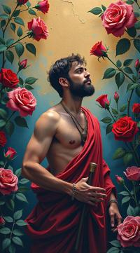 wall Graffiti, The death of Hector , from inside a Malta, lush Virtual reality simulation with Roses