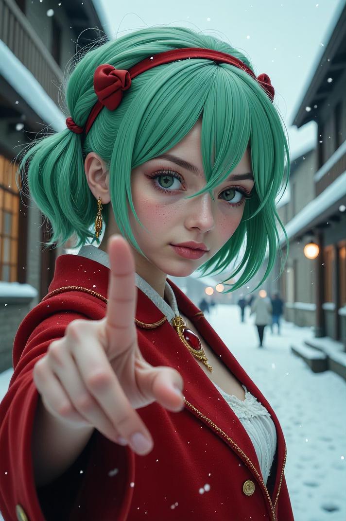 anime style masterpiece,best quality , Greased Back mint green hair, winter