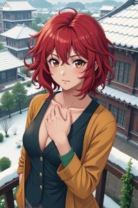 asian anime style masterpiece,best quality , asian anime, Bob Curly vermilion hair