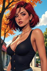 Anime style s sexy latina woman from GTA universe, Bob cinnabar hair, autumn, low angle shot