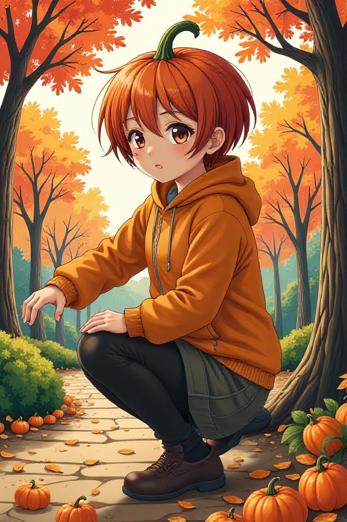 asian anime style masterpiece,best quality , asian anime, Over Left Eye pumpkin hair