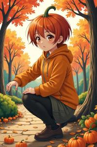 asian anime style masterpiece,best quality , asian anime, Over Left Eye pumpkin hair