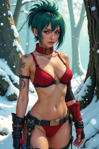 Anime style s sexy asian woman from Warhammer , universe, Mohawk Short malachite hair, winter