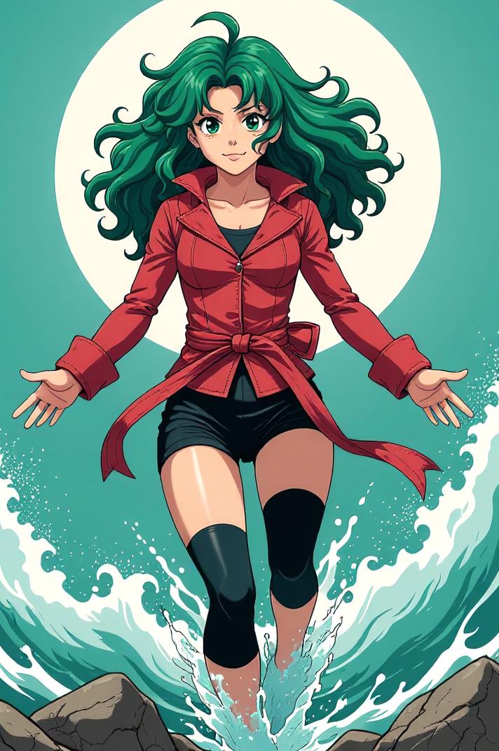 asian anime style marvel Moondragon masterpiece,best quality , asian anime, Mullet Curly sea green hair