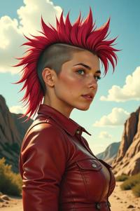 Anime style s from Mad Max universe, Mohawk Fan hollywood cerise hair, autumn, low angle shot