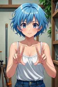 asian anime style masterpiece,best quality , asian anime, Short Curly powder blue hair